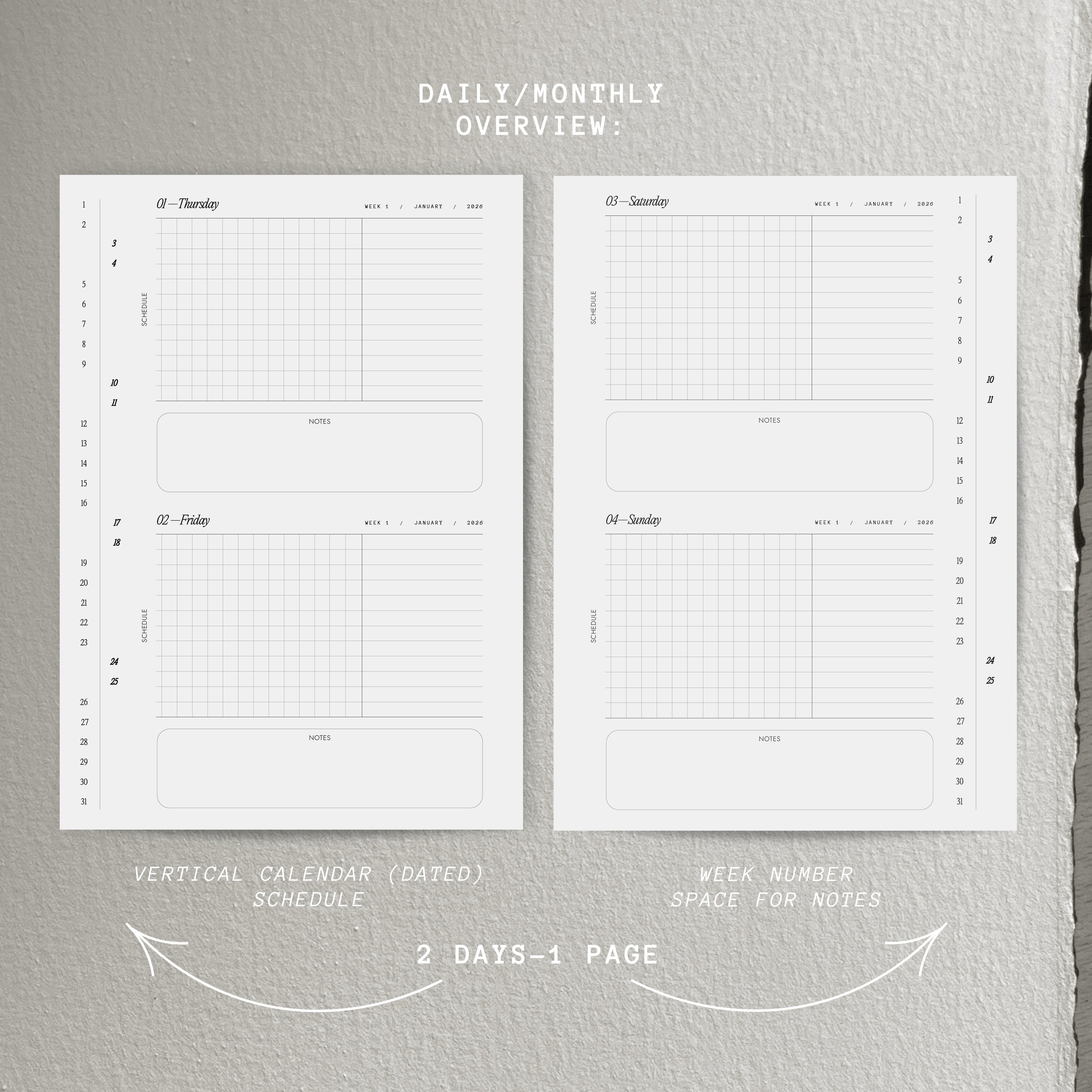 Kalendereinlagen 2026 datiert - 2 Tage pro Seite mit Monatsübersicht