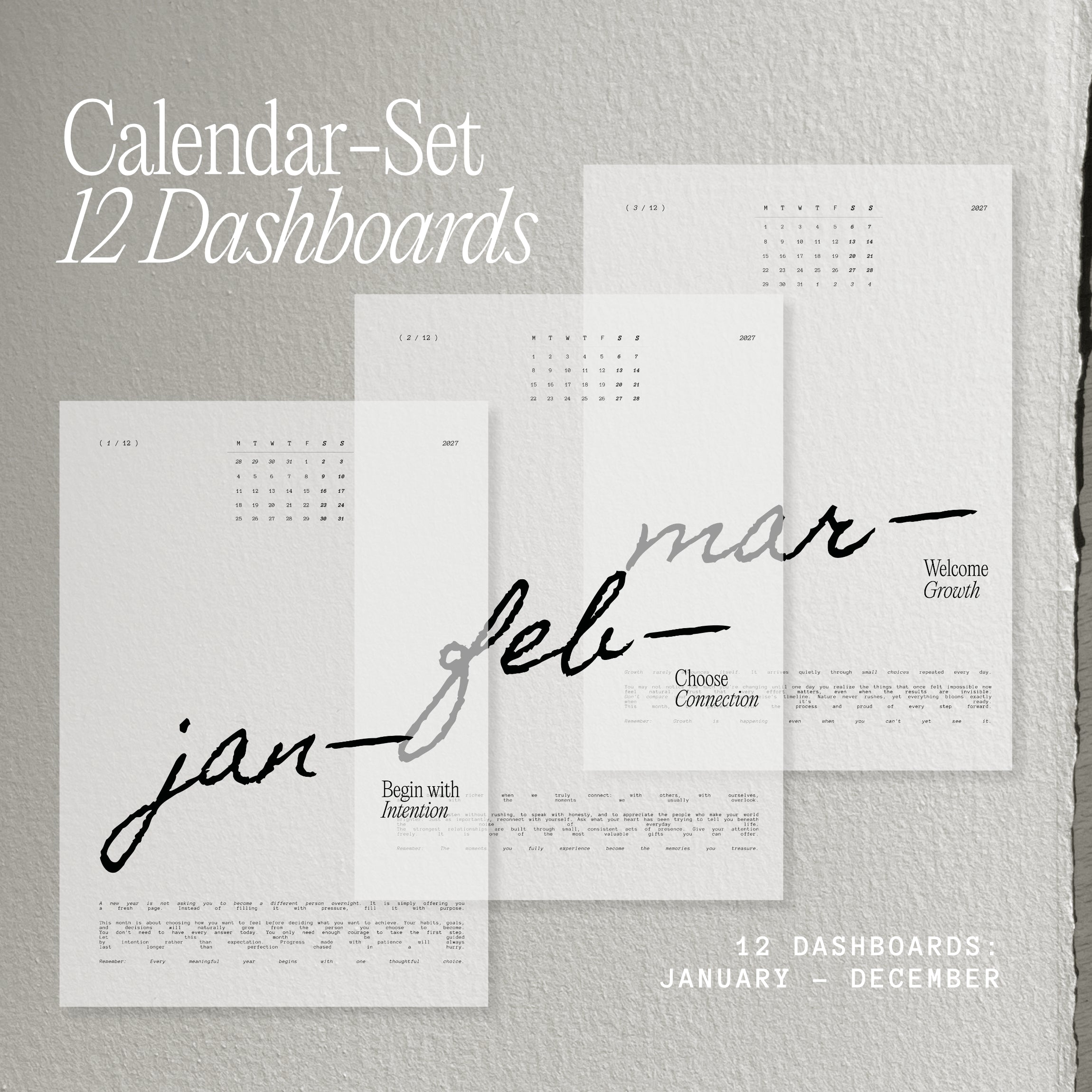 Kalender-Dashboard Set 2027 | 12 Monatsübersichten