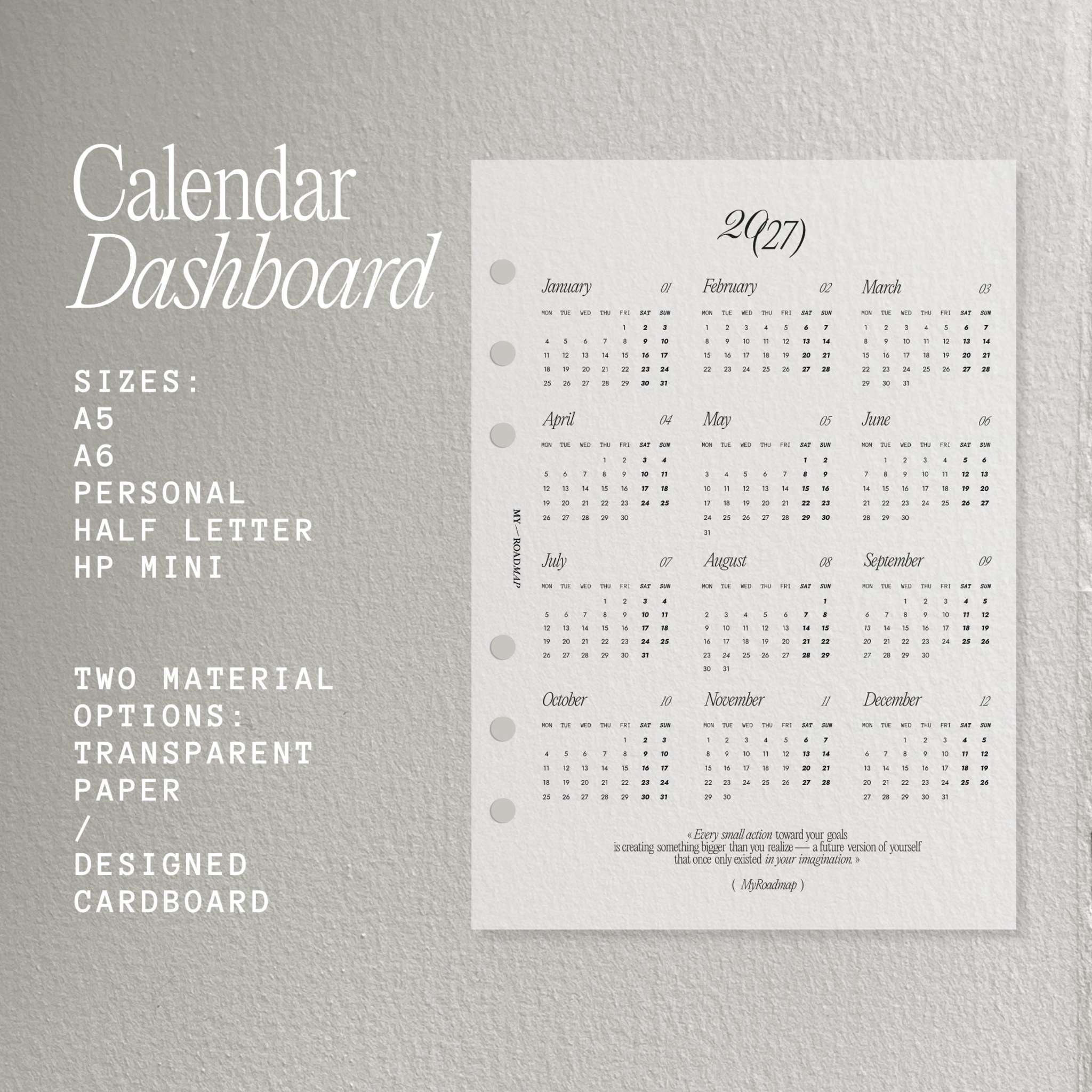 Kalender-Dashboard 2027 aus Vellum Transparentpapier für Ringplaner, einseitig bedruckt, kreative Planerstruktur