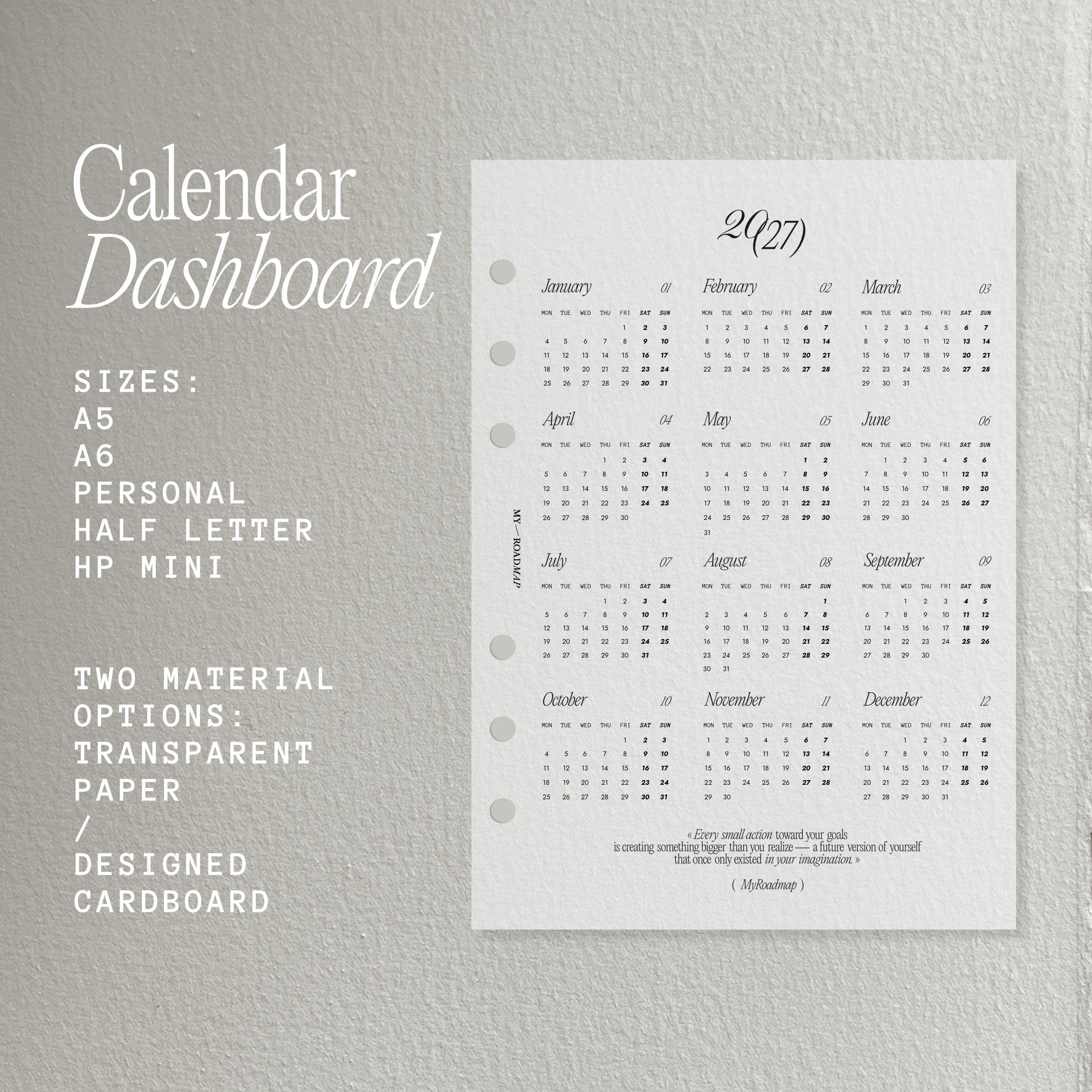 Kalender-Dashboard 2027 aus Vellum Transparentpapier für Ringplaner, einseitig bedruckt, kreative Planerstruktur