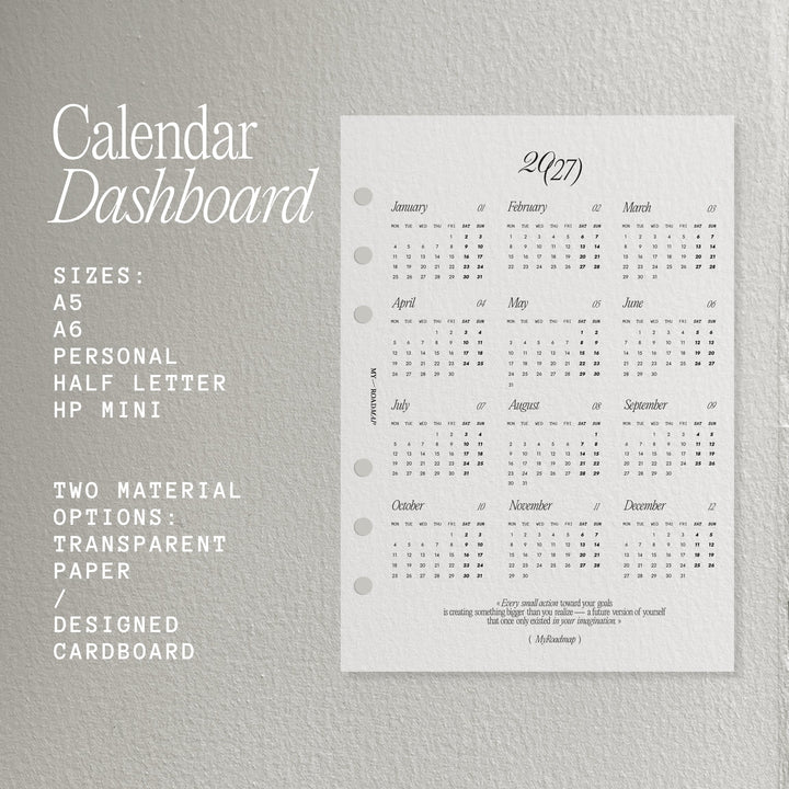 Kalender-Dashboard 2027 aus Vellum Transparentpapier für Ringplaner, einseitig bedruckt, kreative Planerstruktur