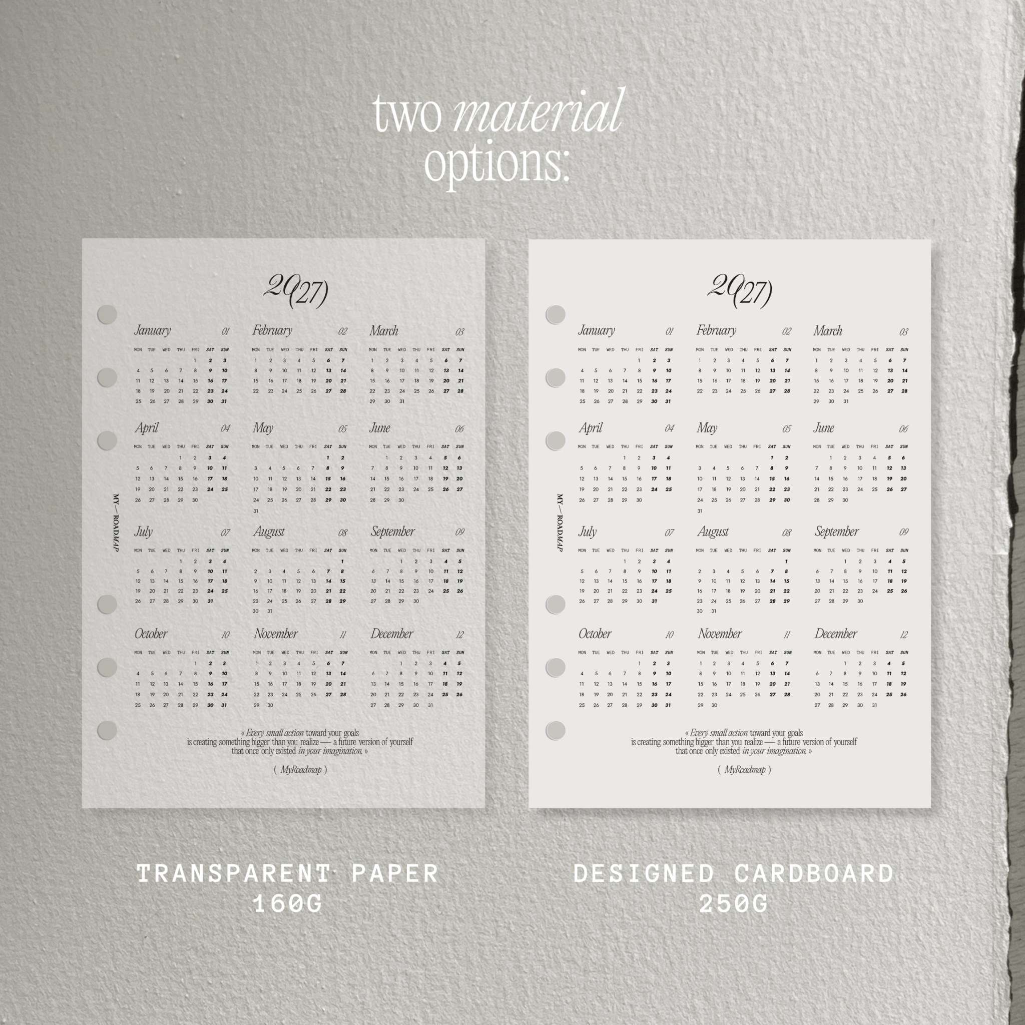 Kalender-Dashboard 2027 aus 160g Vellum Transparentpapier für Ringplaner