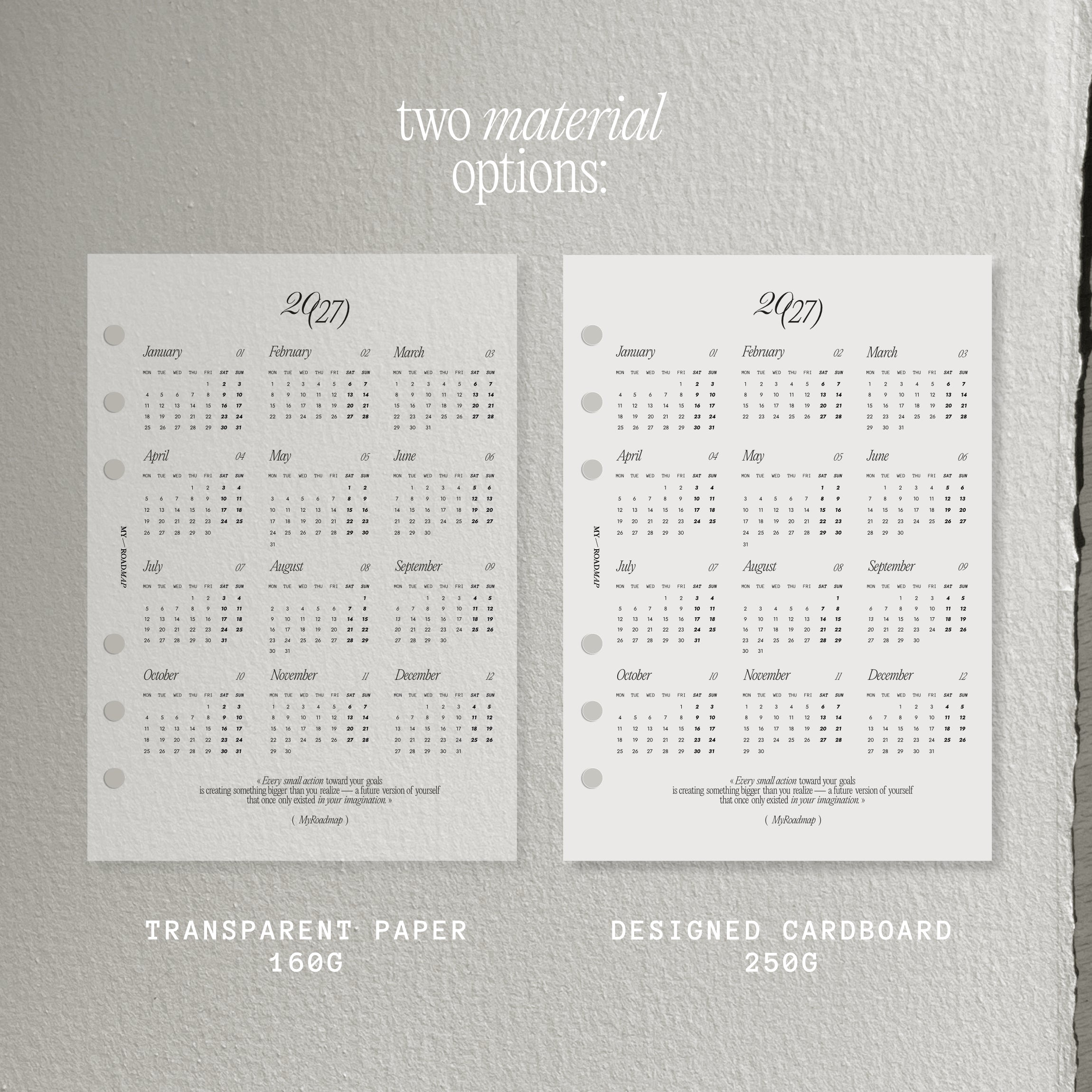 Kalender-Dashboard 2027 aus 160g Vellum Transparentpapier für Ringplaner