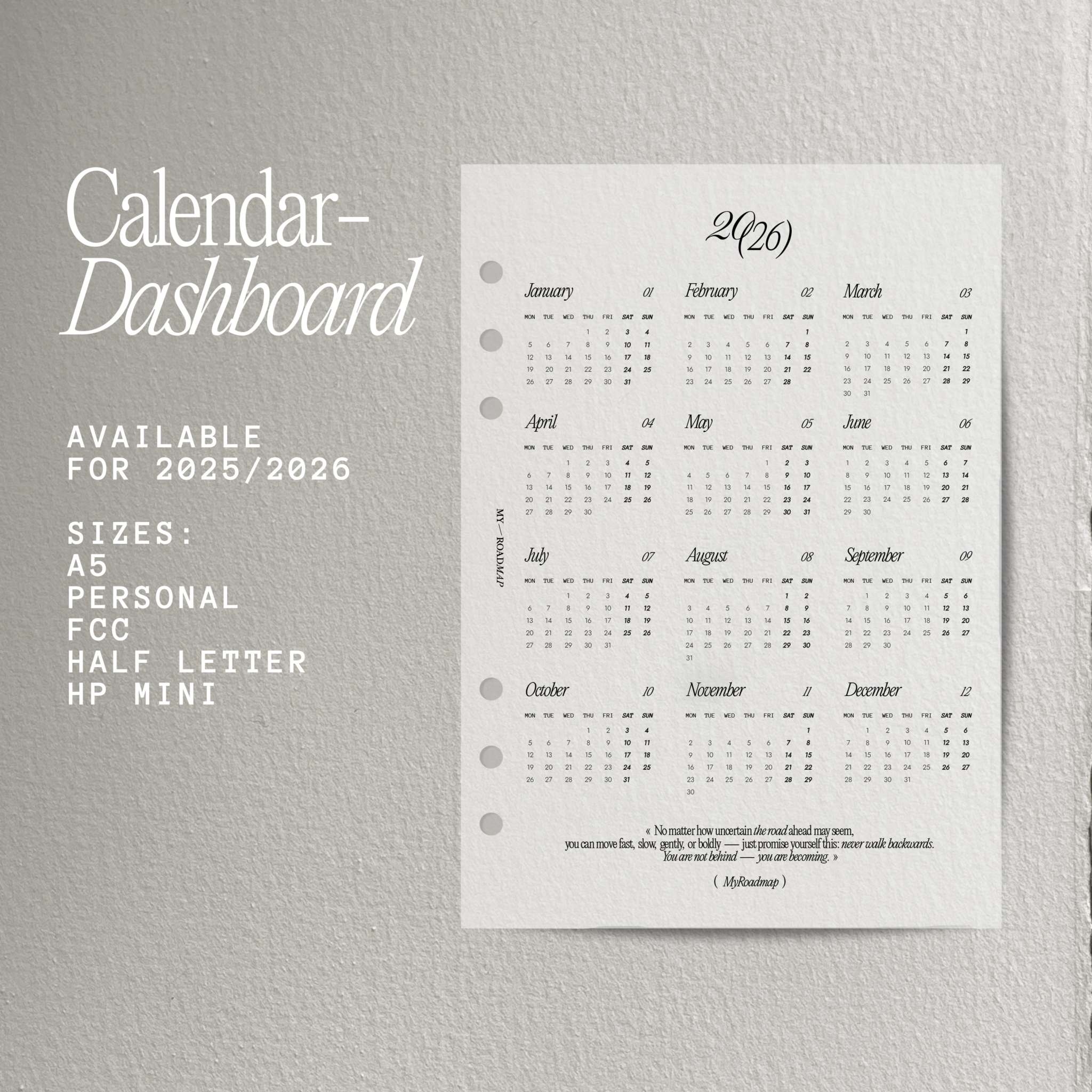 Kalender Dashboard 2026 aus 160g Vellum Transparentpapier einseitig bedruckt für Ringplaner