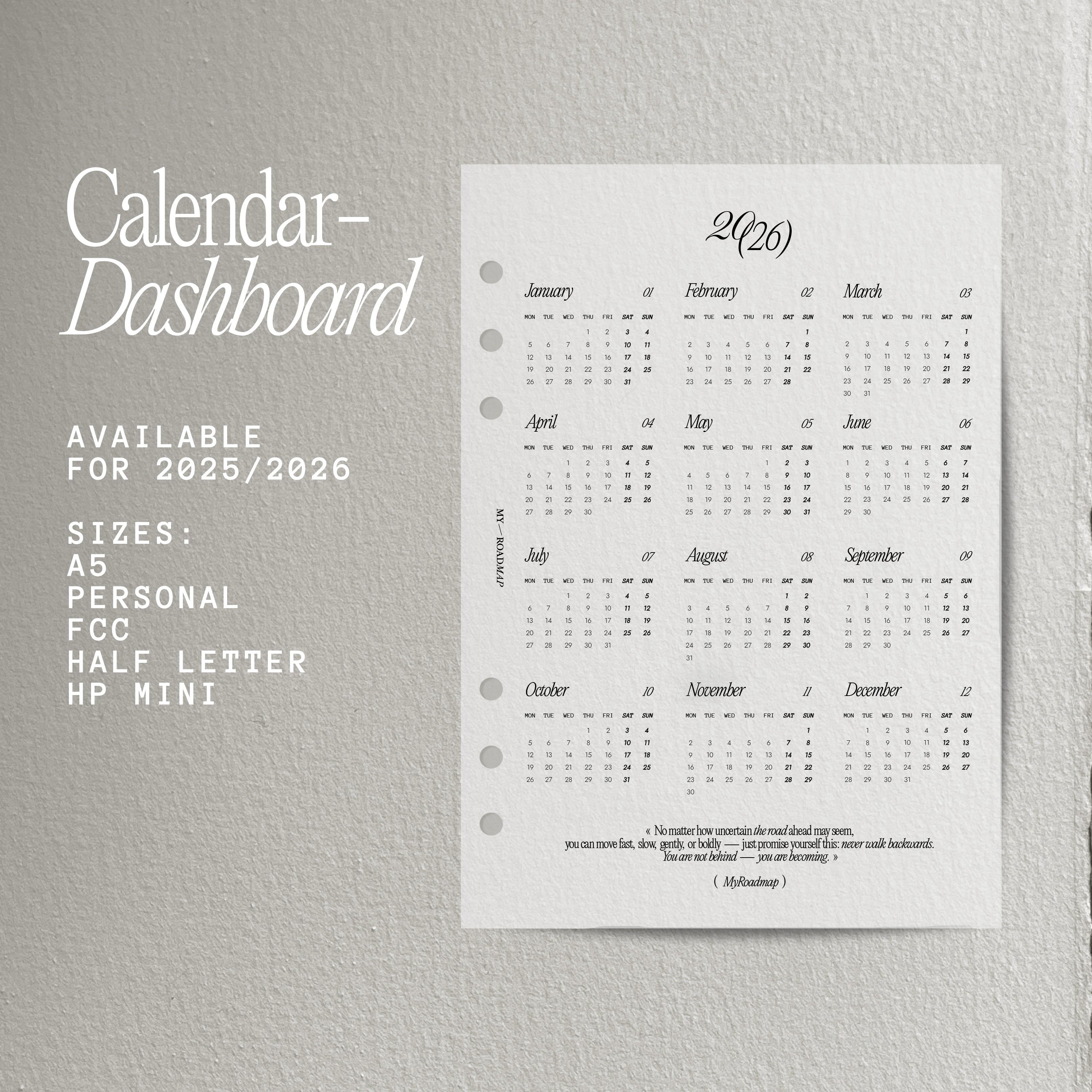 Kalender Dashboard 2026 aus 160g Vellum Transparentpapier