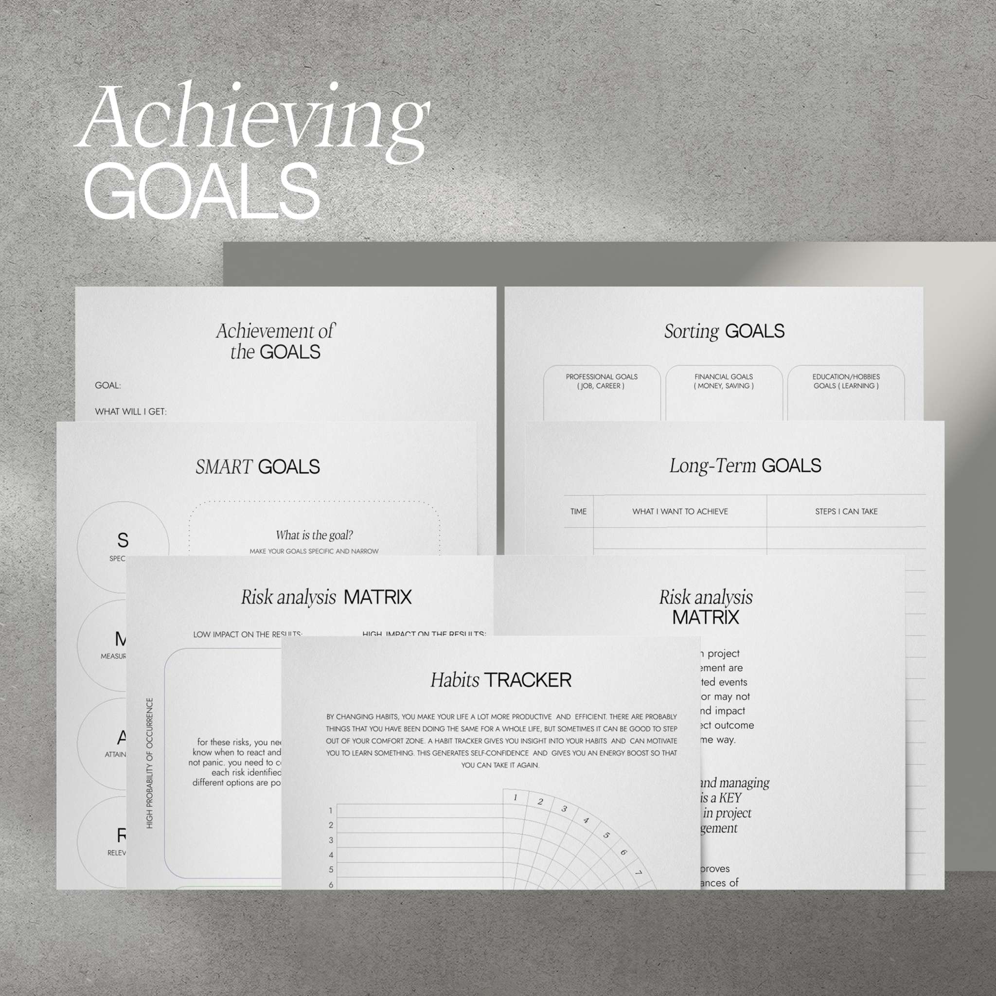 Zielerreichung Einlagen mit Planungstools für SMART Goals, Risikoanalyse, Gewohnheitstracker und Langzeitziele auf hochwertigem Papier