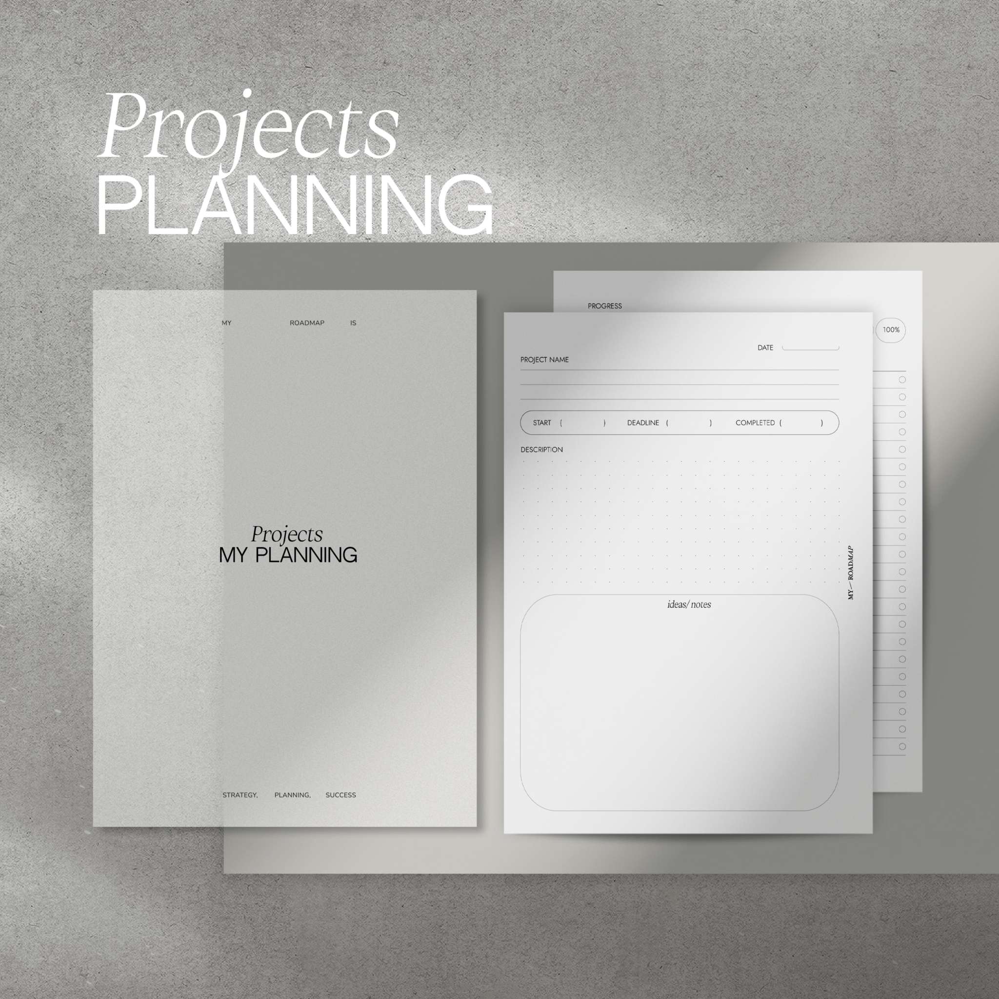 Projektplaner Einlagen mit Projektübersicht und Aufgabenplanung auf diamantweißem Papier