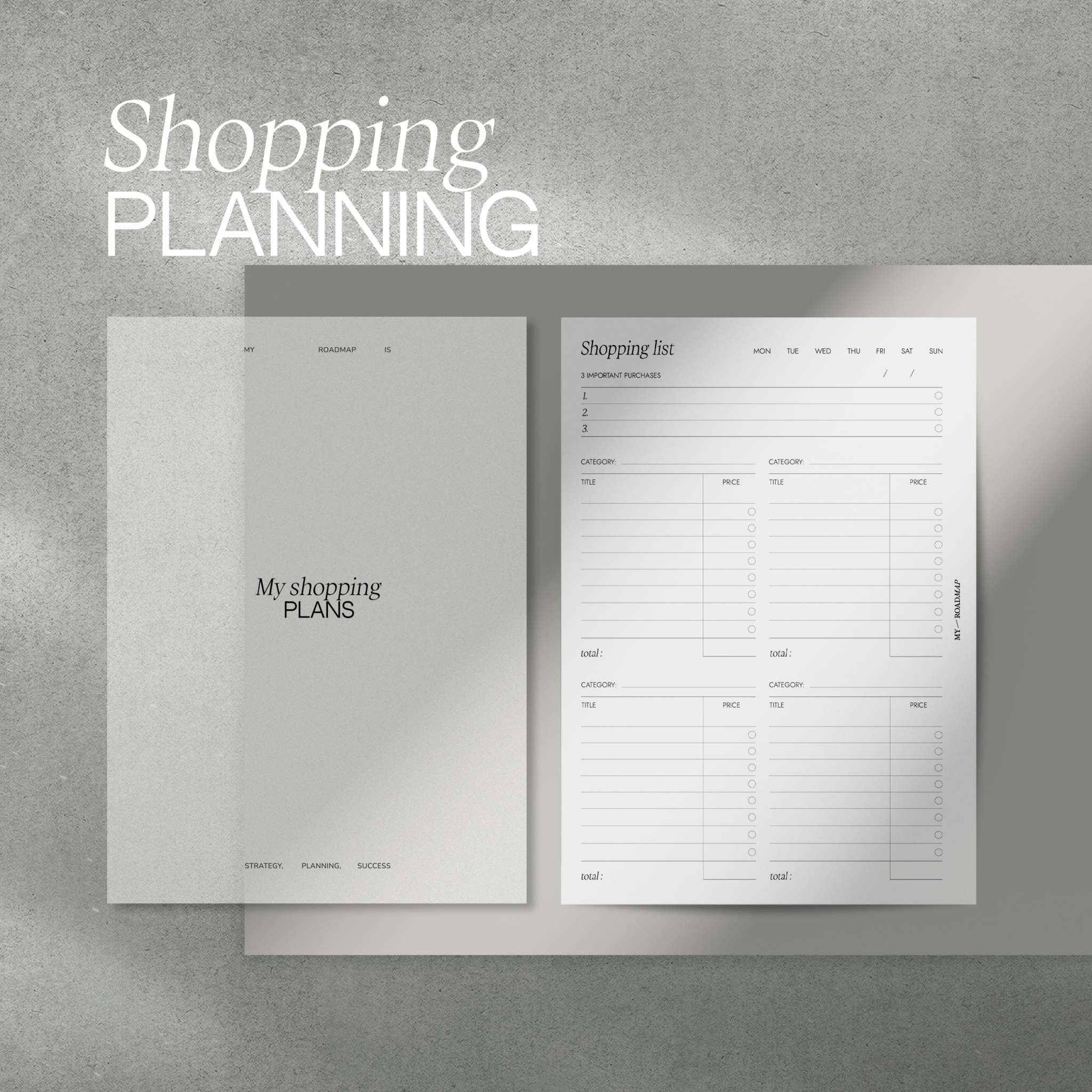Einkaufsplaner Einlagen mit transparentem Deckblatt und beidseitig bedruckten Shopping-Listen zur effizienten Einkaufsvorbereitung