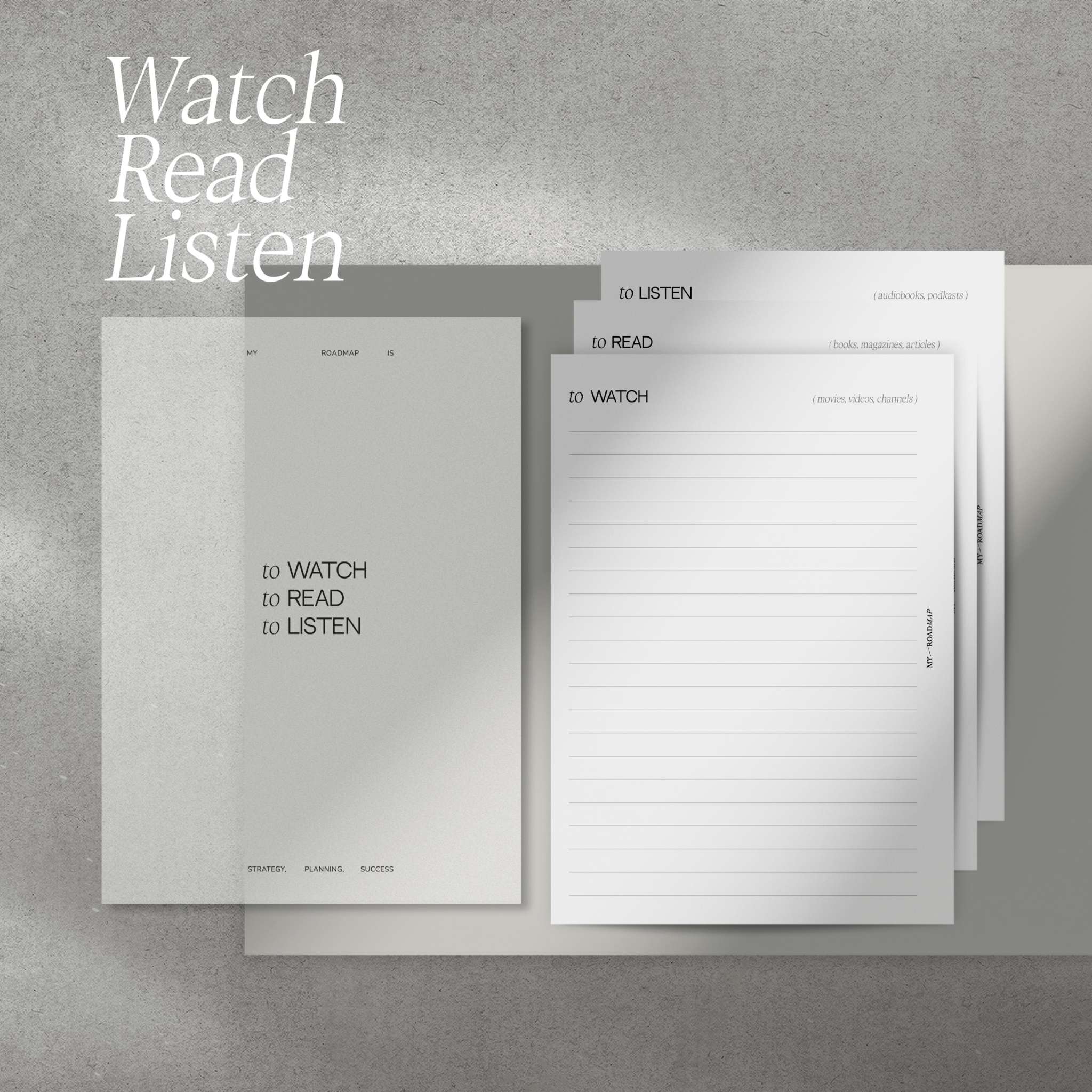 Minimalistische To Watch Einlagen in hochwertigem Freizeitplaner mit klarer Struktur für Filme, Bücher und Podcasts, beidseitig bedruckt.
