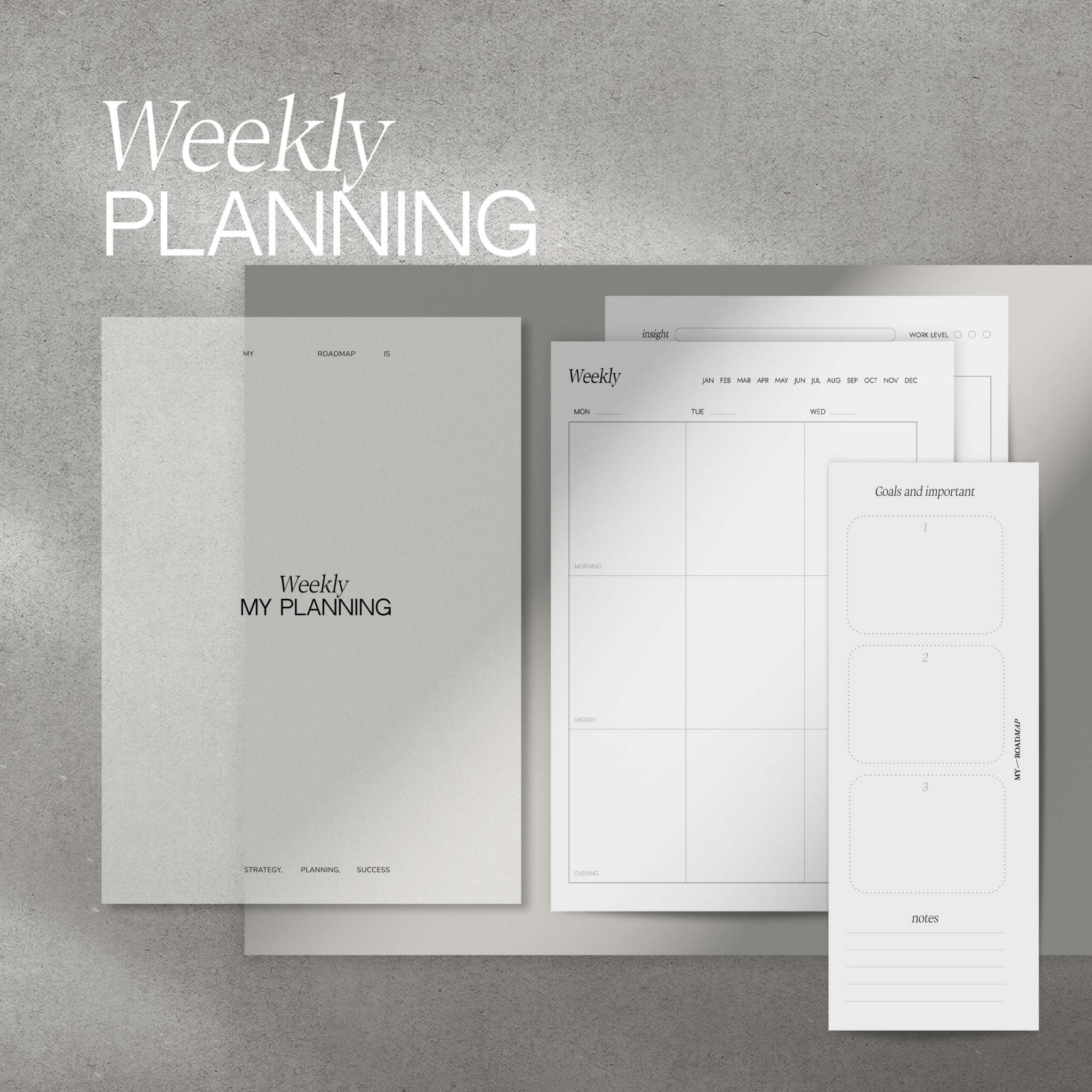 Moderner Wochenplaner mit Zwischeneinlagen aus hochwertigem, weißem Papier und transparentem Dashboard für effektive Wochenplanung